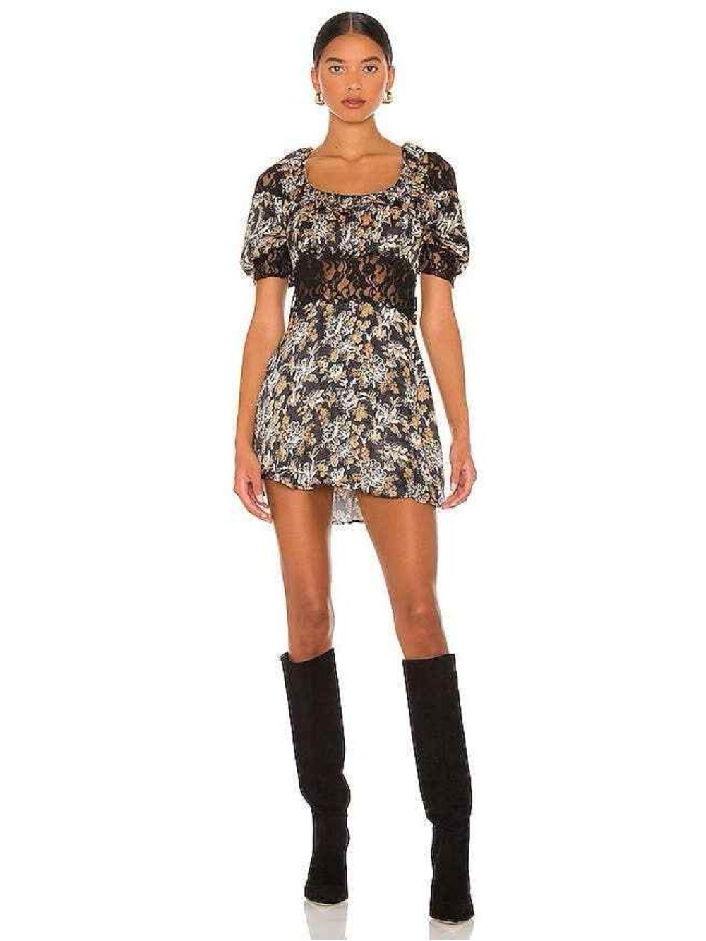 Free People Lucie Floral Lace-Panel Puff Sleeve Mini Dress in Black